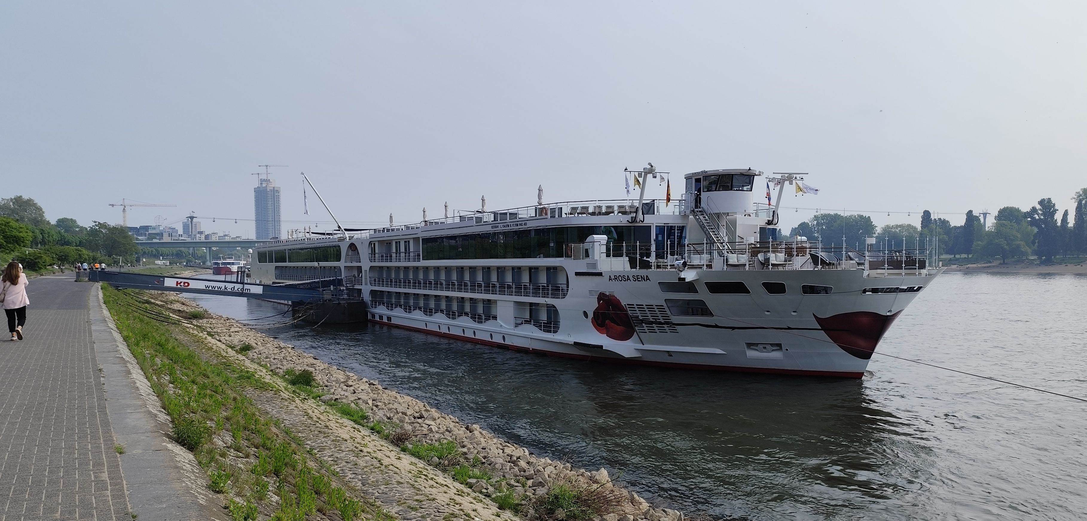 Ein Flusskreuzfahrtschiff mit dem Namen A-ROSA SENA liegt an einer Uferpromenade an.