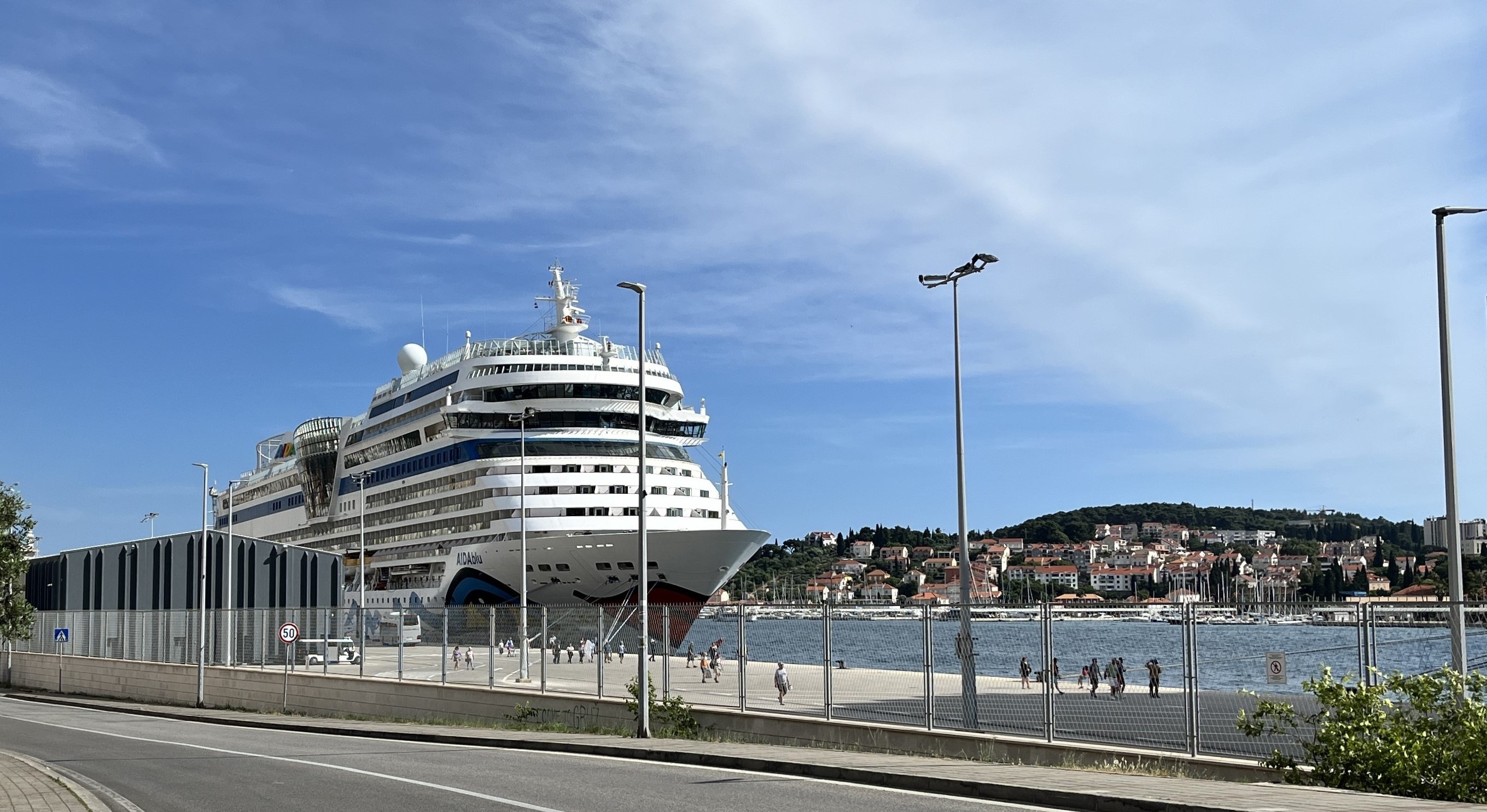 Ein großes Kreuzfahrtschiff liegt im Hafen vor einer Stadt am Meer.