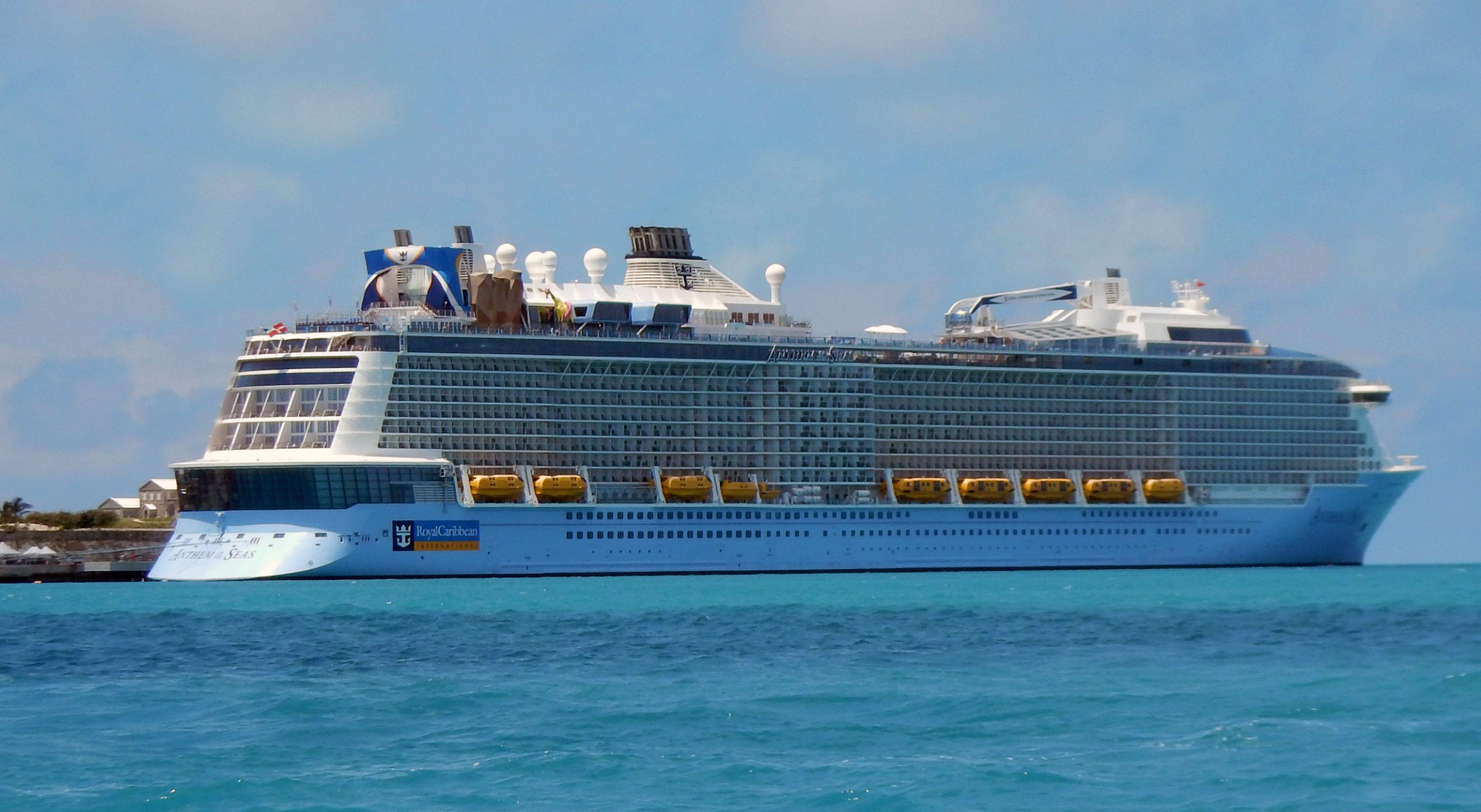Ein großes blau-weißes Kreuzfahrtschiff mit dem Namen 
