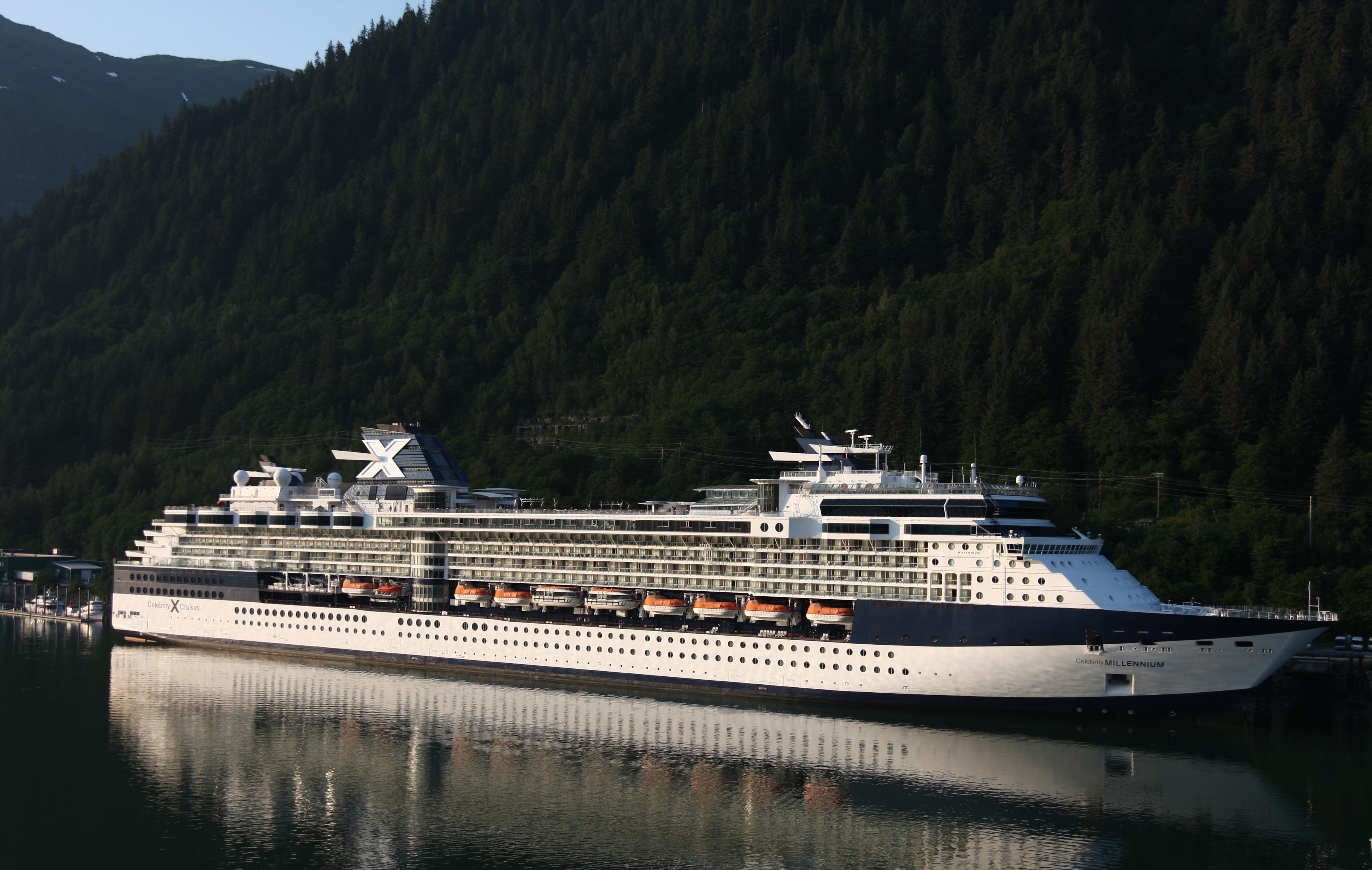 Ein grosses weisses Kreuzfahrtschiff mit dem Namen Celebrity Millennium liegt im Hafen vor einem dicht bewaldeten Berghang.