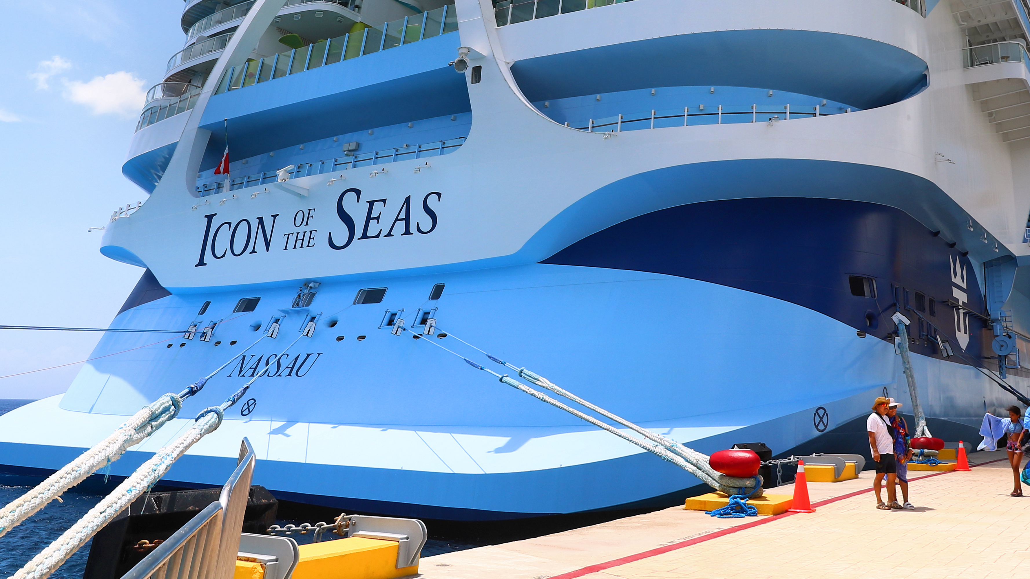 Ein großes blau-weißes Kreuzfahrtschiff mit dem Namen 
