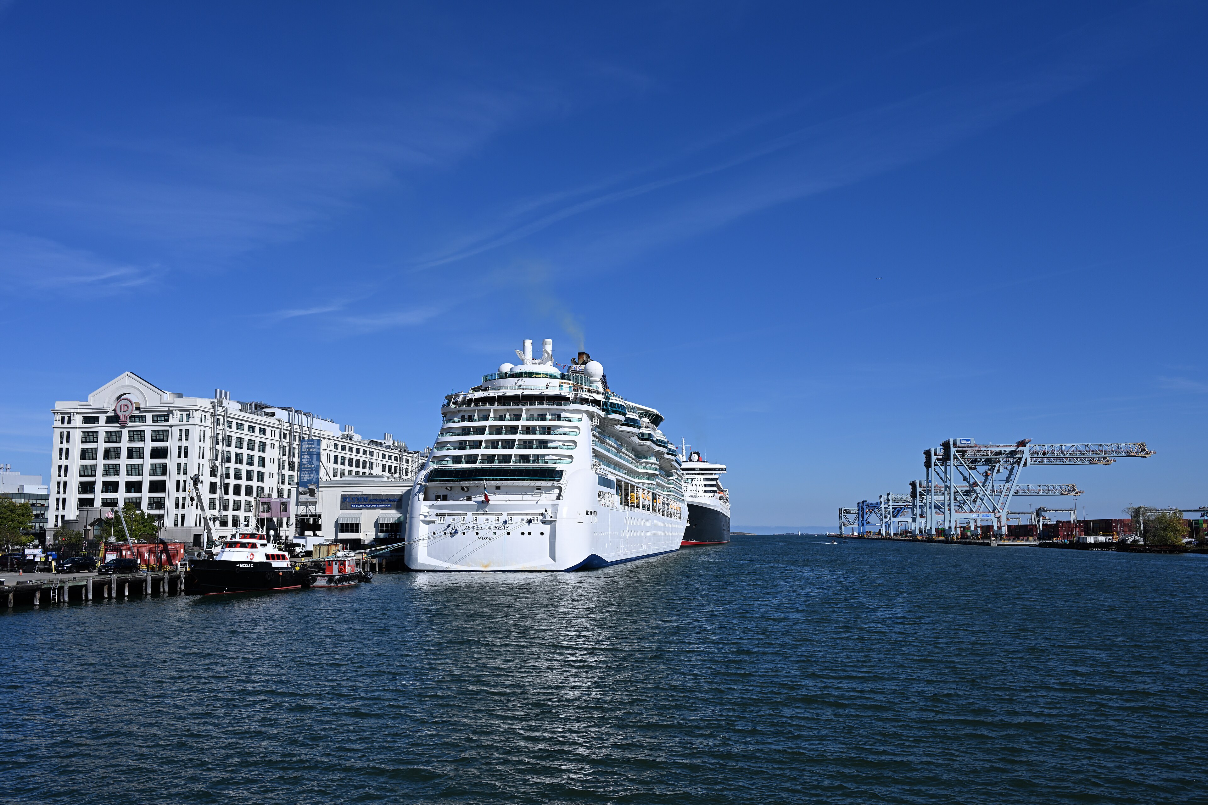 Ein großes weißes Kreuzfahrtschiff liegt im Hafen neben einem Gebäude und einem Frachtschiff, im Hintergrund sind Kräne und Container zu sehen.