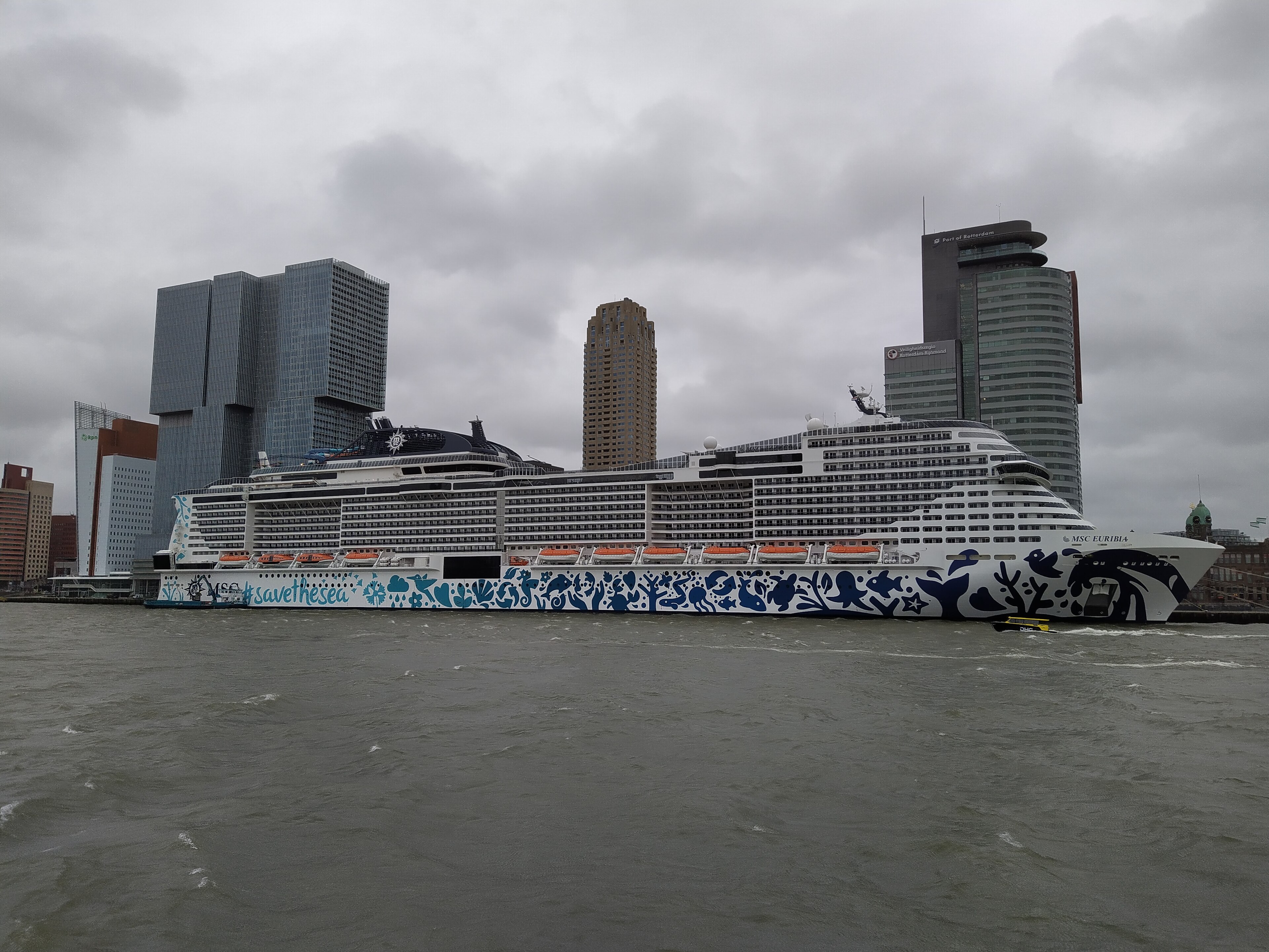 Ein großes Kreuzfahrtschiff liegt im Hafen vor einer Skyline mit modernen Hochhäusern.
