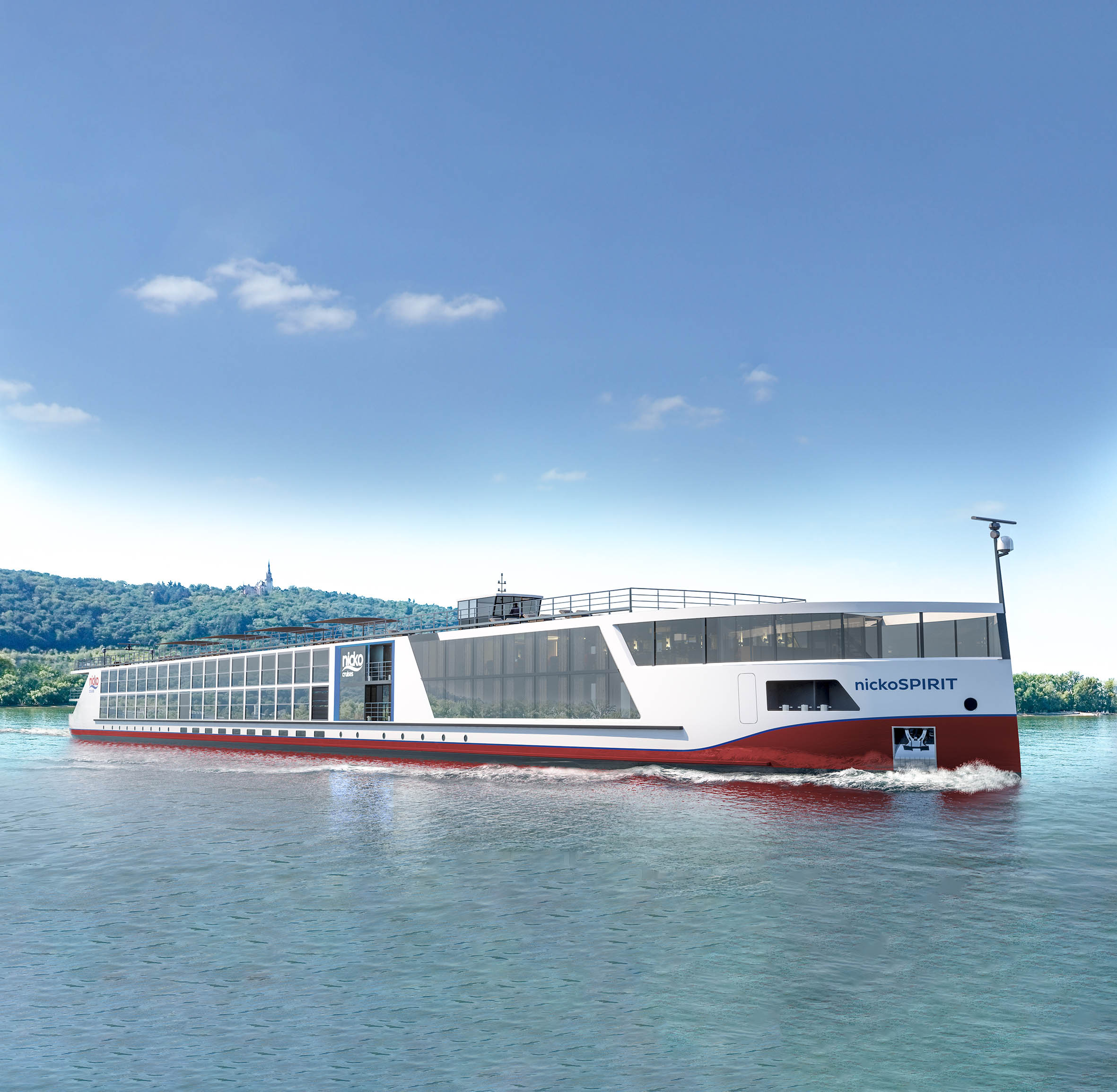 Ein modernes Flusskreuzfahrtschiff mit dem Namen 