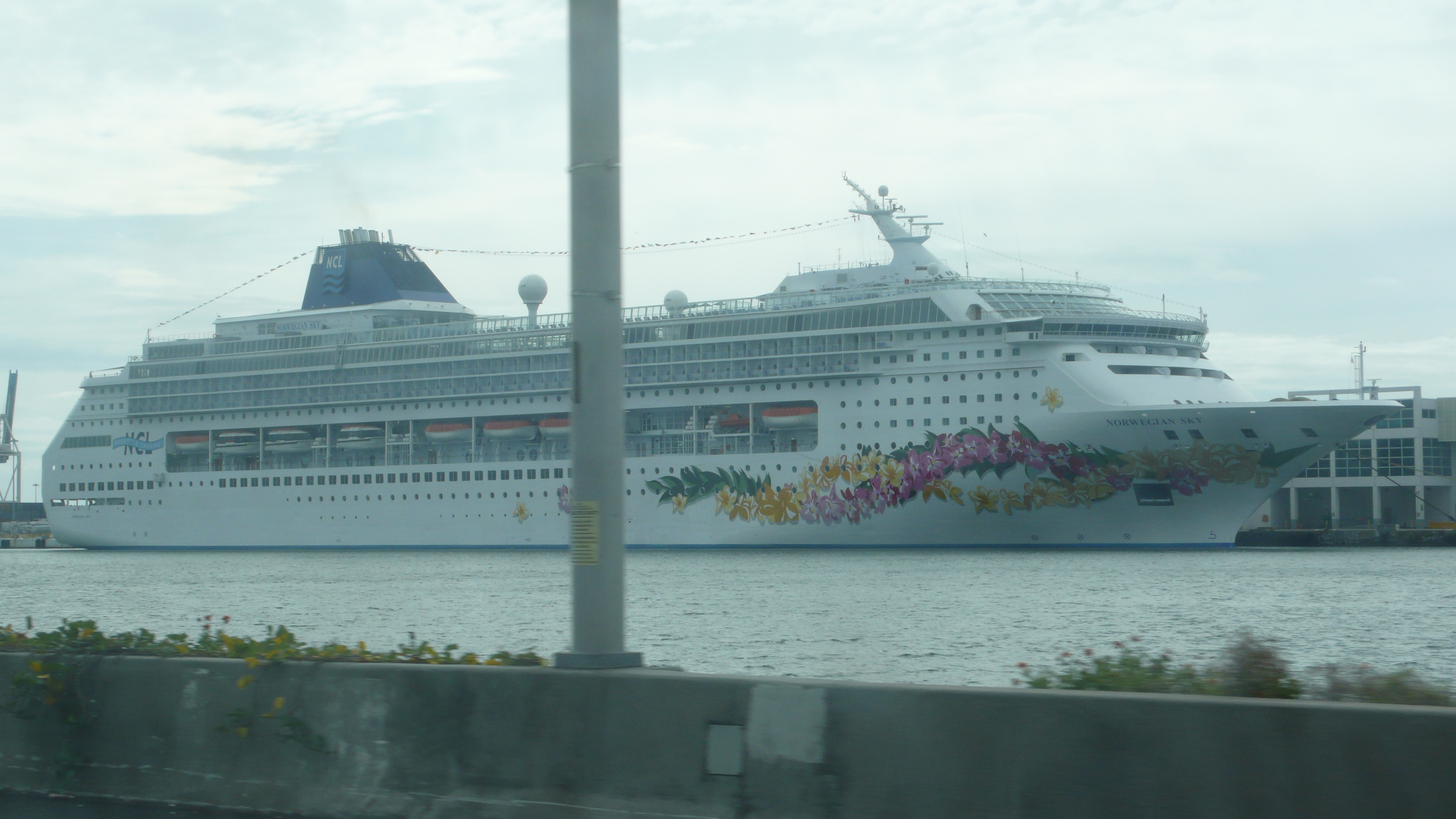 Ein großes weißes Kreuzfahrtschiff mit dem Namen 