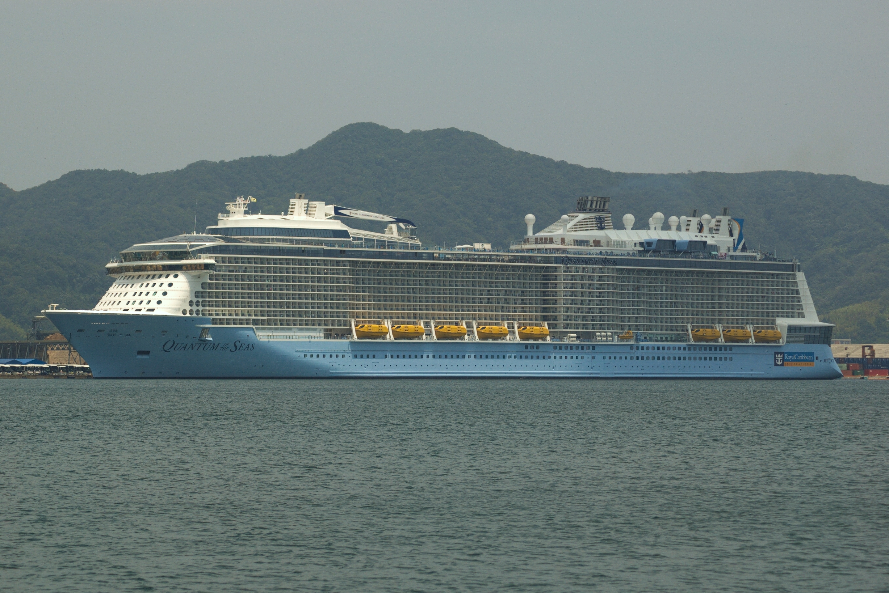 Ein großes blaues Kreuzfahrtschiff mit dem Namen 