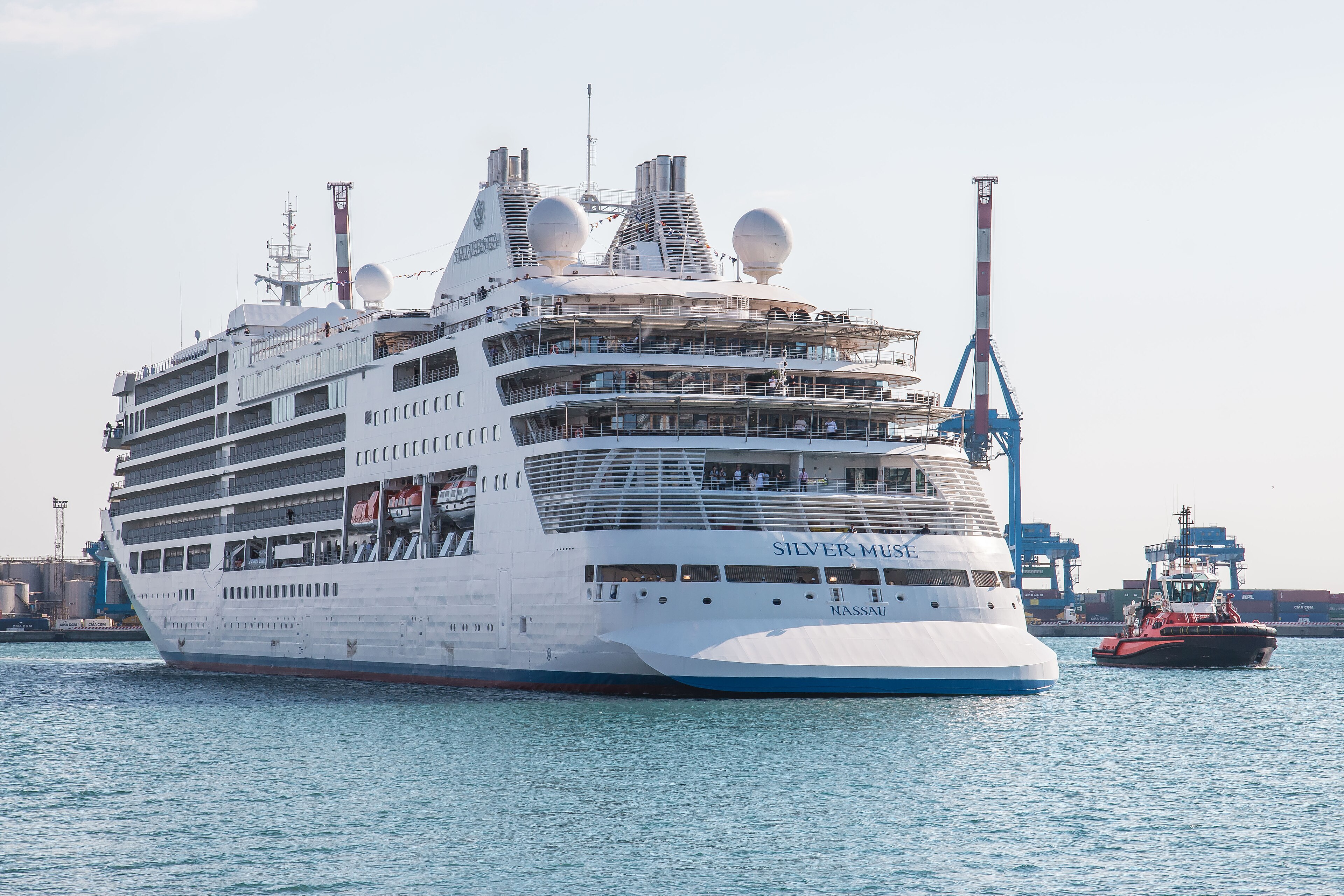 Ein großes weißes Kreuzfahrtschiff mit dem Namen 