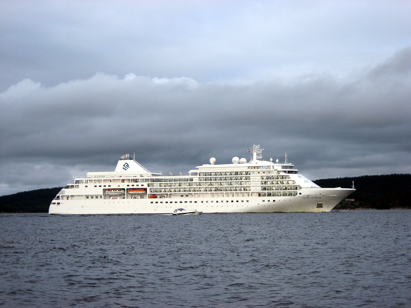 Ein großes weißes Kreuzfahrtschiff fährt auf dem Wasser, im Hintergrund eine bewaldete Küste und ein bewölkter Himmel.