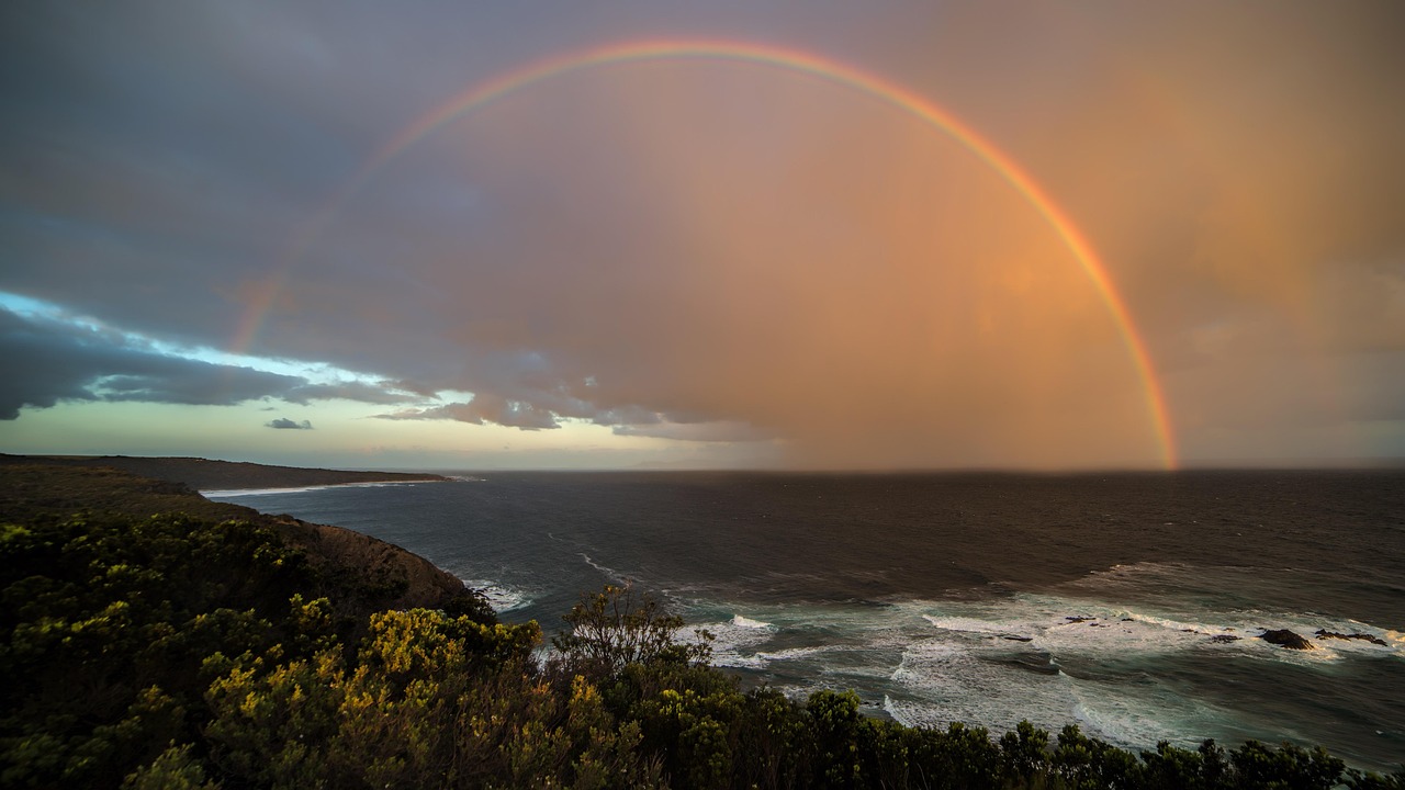 Ein Regenbogen wölbt sich über dem Meer und einer felsigen Küste mit üppiger Vegetation im Vordergrund.