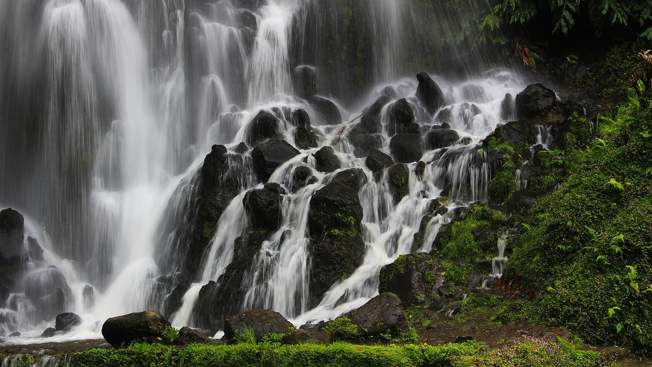 Ein breiter Wasserfall stürzt über dunkle Felsen in eine üppig grüne Vegetation.