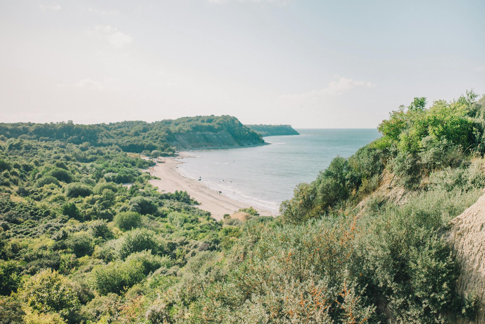 Eine weite Bucht mit einem Sandstrand, umgeben von gruener Vegetation und Huegeln, blickt auf das ruhige Meer.