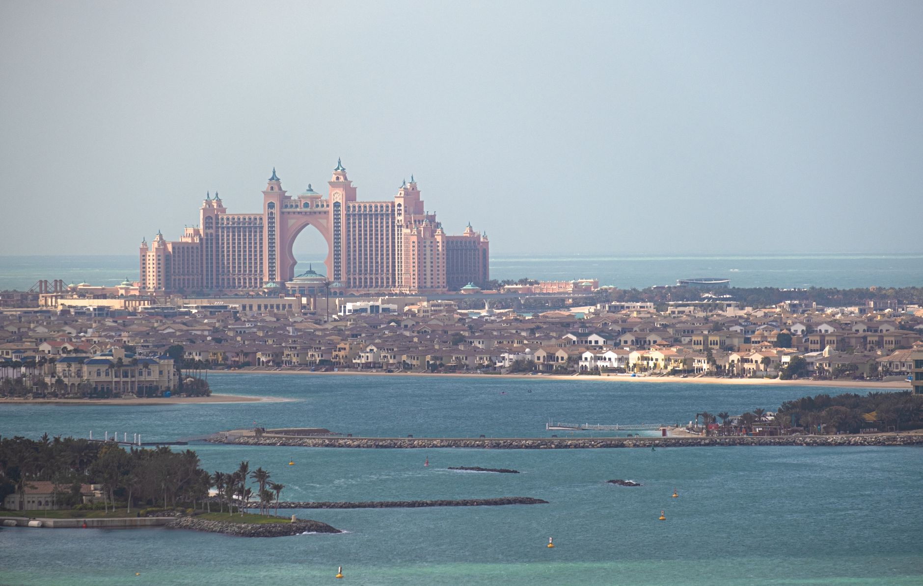 Dubai - A stunning aerial view of Atlantis The Palm resort in Dubai, with the city skyli