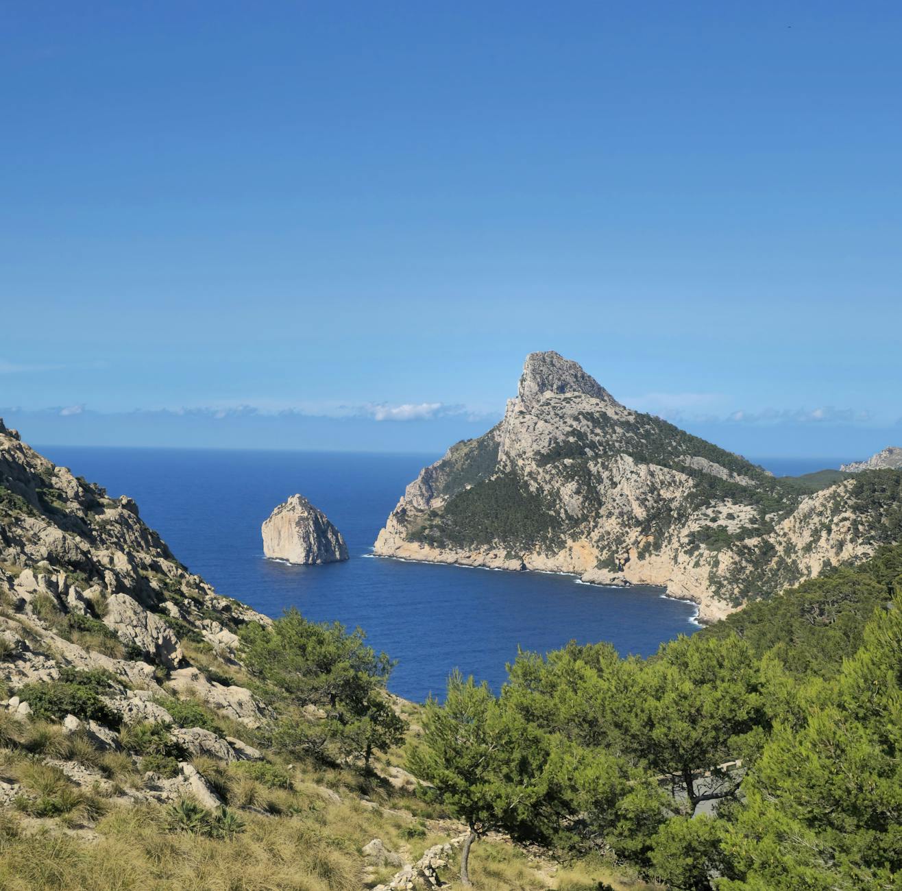 Ein felsiger Berg ragt aus dem blauen Meer, umgeben von einer felsigen Kueste und gruenen Baeumen.
