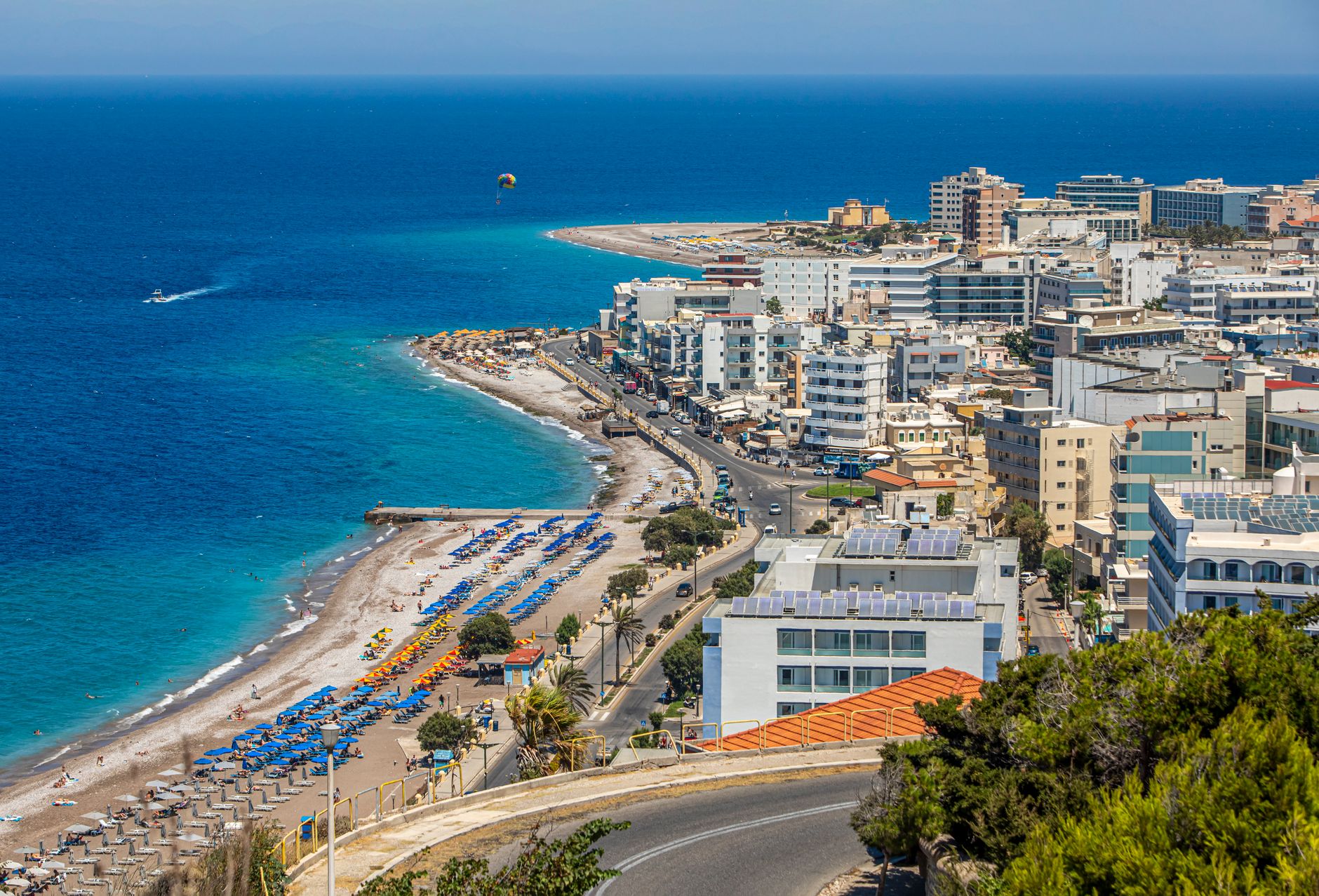 Rhodos - Stunning aerial view of Rhodes cityscape and coastline, highlighting vibrant bea