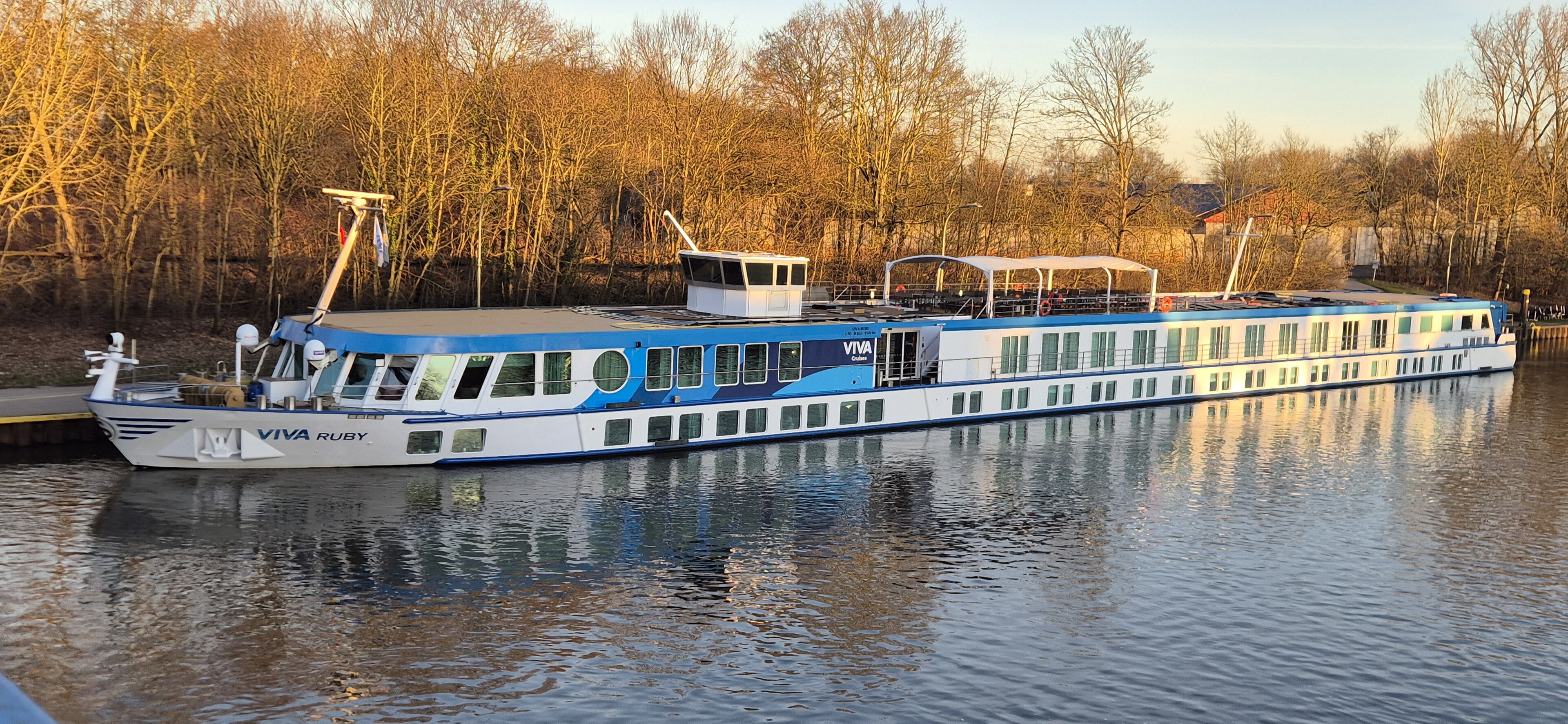 Ein blau-weißes Flusskreuzfahrtschiff namens VIVA RUBY liegt an einem Ufer, das von Bäumen gesäumt ist.